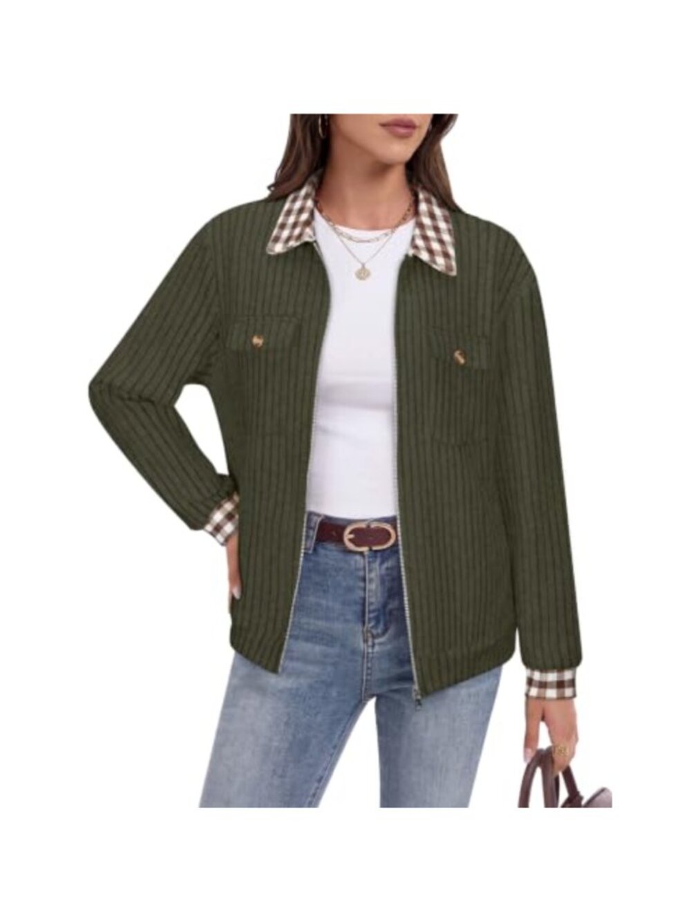 Corduroy Barn Zip Up Jacket with Pockets Plaid Accents